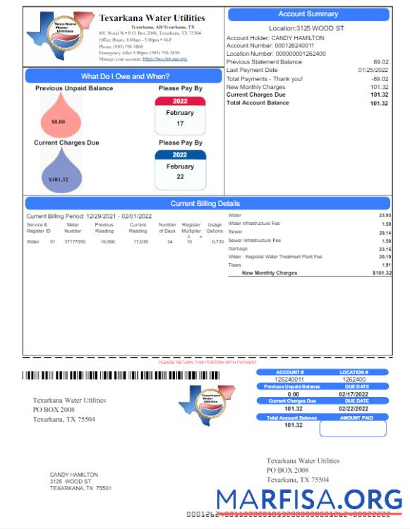 Blank USA TEXARKANA WATER UTILITIES utility bill Word and PDF template